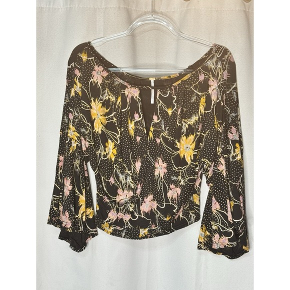 Free People Tops - Free People Floral boho belle Sleeve Crop Top Black Yellow Pink Womens Small
